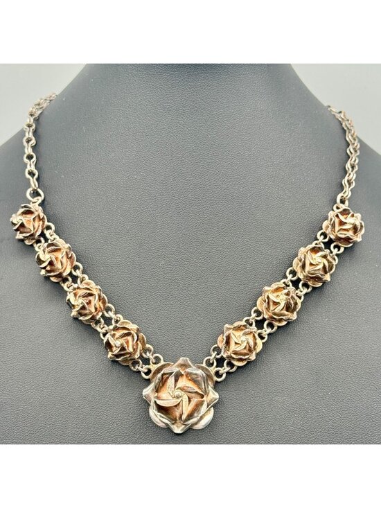 Taxco TC-62 Jewelry - Vintage Taxco Silver Floral Rose Necklace Design 17 Inches Elegant Statement 50g